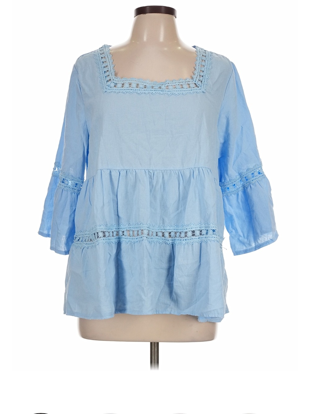 Light Blue Crochet-Trim Peasant Top